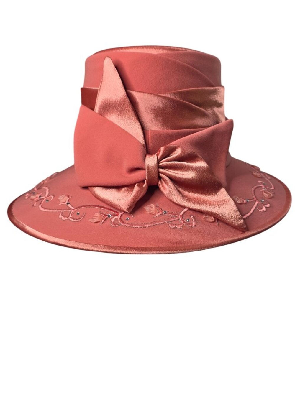 Carissimo Womens Coral Satin Embroidered Cloche Hat With Bow & Rhinestone Accent